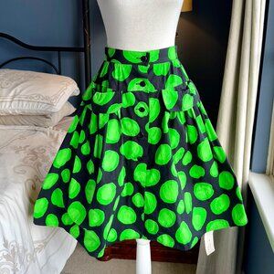 Mouche Black and Green Abstract Limes Full Buttoned Swing Skirt w Pockets